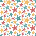 Seamless summer pattern with pink, blue and orange starfishes. Vector sea illustration for holiday, background, textile, fabric,