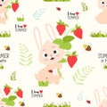 Seamless summer pattern with rabbit. Cute bunny with bouquet of strawberries and bee on white background with leaves and