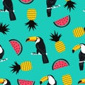 Seamless summer pattern with toucan birds watermelon and pineapple fruits