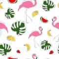 Seamless summer pattern of tropical fruits, flamingo and monstera. Royalty Free Stock Photo