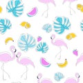 Seamless summer pattern of tropical fruits, flamingo and monstera. Royalty Free Stock Photo