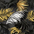 Seamless summer pattern with white, black and golden tropical plants.Modern abstract design for paper, wallpaper, cover