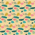 Summer Pink pastel flamingo and topical exotic leaves pattern seamless background