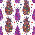 Seamless summer pop art pattern with multicolored pineapples with tribal pattern and dots on a white background. Juicy fruit