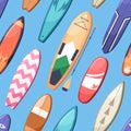 Seamless summer sport pattern with different water boards, surfboard, sup, surf. Endless background, repeating print Royalty Free Stock Photo