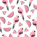 Seamless summer tropical trendy pattern with watercolor parrots and watermelon Royalty Free Stock Photo