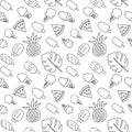 Seamless summer vacation icons pattern with ice cream, watermelon, pineapple and palm leaves. Vector hand drawn black outline Royalty Free Stock Photo