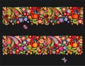 Seamless summery floral ethnic borders with colorful abstract flowers and funny butterflies on black background Royalty Free Stock Photo