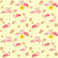 Seamless summery wallpaper with pink flamingo birds, sun and Frangipani flowers for fashion print, wrapping paper