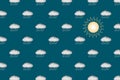 Seamless sun, clouds and rain pattern illustration. Lots of clouds and one sun on blue background.