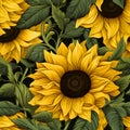 Seamless sunflower, black background. Leaves. More details by Generative AI Royalty Free Stock Photo