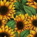 Seamless sunflower, green background. Leaves. More details by Generative AI