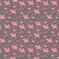 Seamless surface pattern, romantic, valentine, girlish, love pegasus horses with wings, heart, calligraphic lettering in french