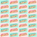 Seamless surface pattern: traditional French desserts: cute yummy hand-drawn eclair cakes on pink and mint. Good for