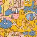 Seamless surreal pattern with cute cartoon monsters on colorful background. Wallpapers with various creatures. Print with funny.