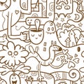Seamless surreal pattern with cute cartoon monsters on white background. Wallpapers with vari.ous creatures. Print with funny