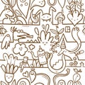 Seamless surreal pattern with cute cartoon monsters on  white background. Wallpapers with various creatures. Print with funny. Royalty Free Stock Photo