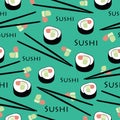 Seamless sushi japanese food pattern on green background