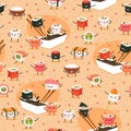 Seamless sushi pattern. Funny asian foods characters, japanese meal. Decor kitchen textile, wrapping paper, wallpaper