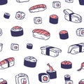 Seamless sushi pattern. Japanese food, endless background, repeating print. Japan rolls, maki texture for wrapping