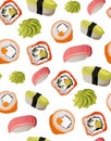 Seamless sushi pattern with rolls and wasabi