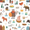 Seamless Swedish pattern with symbols of Sweden and Stockholm on white background. Endless design for printing