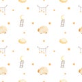 Seamless sweet dreams sheep animal pattern. Watercolor illustration on white background Royalty Free Stock Photo