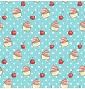 Seamless sweet pattern with cupcake and cherry on cyan