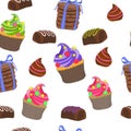 Seamless sweet pattern of muffins with bright whipped cream, candy truffles and bars, cookies tied with ribbon, hand-drawn. Royalty Free Stock Photo