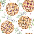A seamless sweet pattern with the watercolor berry pie and branches of blueberry. Painted hand-drawn on a white background