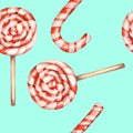 A seamless sweet pattern with the watercolor lollipop (candy cane). Painted hand-drawn on a tender mint background Royalty Free Stock Photo