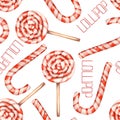 A seamless sweet pattern with the watercolor lollipop (candy cane). Painted hand-drawn on a white background Royalty Free Stock Photo