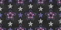 Seamless Symmetric Grunge Pattern of Chalk Drawn Sketches White, Pink, Violet Stars on Dark Chalkboard Backdrop