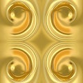 Seamless symmetrical background with a golden round vortex on a yellow background. An abstraction made of liquid gold.