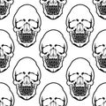 seamless symmetrical pattern of black human skulls on a white background