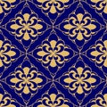 seamless symmetrical pattern of golden abstract geometric shapes on a blue background Royalty Free Stock Photo