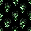 seamless symmetrical pattern of green graphic magnolia flowers on a black background