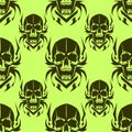 seamless symmetrical pattern of green human skulls on an olive background
