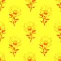 seamless symmetrical pattern of orange graphic magnolia flowers on a yellow background