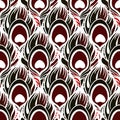 seamless symmetrical pattern of peacock feathers in red colors and white outline Royalty Free Stock Photo