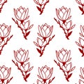 seamless symmetrical pattern of red graphic magnolia flowers on a white background