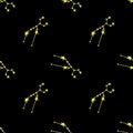 Seamless Taurus zodiac pattern. Watercolor ornament with yellow constellations on black background for wrapping paper, printing,