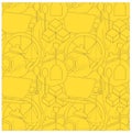 Seamless tea background. Black outline teapots, spoons, tea bags, tea leaves, sugar cubes on yellow