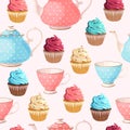 Seamless teacups and cupcakes Royalty Free Stock Photo