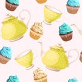 Seamless teacups and cupcakes Royalty Free Stock Photo