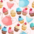 Seamless teacups and cupcakes Royalty Free Stock Photo