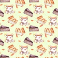 Seamless teatime pattern with cakes and tea cup. Watercolor