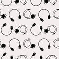 Seamless technology vector pattern, chaotic background with icons of usb cables and batteries, over light backdrop