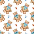 Seamless teddy bear pattern. Watercolor background with cute teddy bear toy with bow, hearts for wrapping paper, textile,