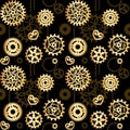 Seamless template with golden openwork gears on a black background with brown cogwheels and chains